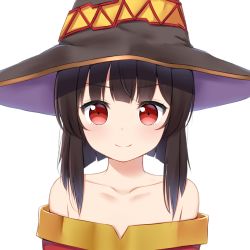 Rule 34 | 1girl, bare shoulders, black hair, black hat, blush, collarbone, commentary request, dot nose, dress, face, hat, highres, kanekan, kono subarashii sekai ni shukufuku wo!, looking at viewer, megumin, off shoulder, red eyes, short hair, simple background, smile, white background, witch hat