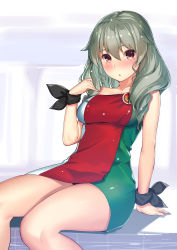 Rule 34 | 10s, 1girl, :o, alternate hairstyle, anchovy (girls und panzer), arm support, bare shoulders, black ribbon, blush, breasts, brown eyes, collarbone, commentary request, dress, drill hair, girls und panzer, green hair, hair down, hand up, highres, italian flag, kagematsuri, long hair, looking at viewer, medium breasts, parted lips, ribbon, sitting, solo, strapless, strapless dress, thighs, tube dress, wrist ribbon