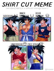 Rule 34 | 1boy, ;d, abs, absurdres, arm behind head, armor, bara, belt, black belt, black hair, black tank top, blue bodysuit, bodysuit, broken armor, brown pants, carless (ppanic), chest armor, closed eyes, closed mouth, clothes lift, dougi, dragon ball, dragon ball gt, dragonball z, english text, food, gloves, grin, hand up, highres, holding, holding food, large pectorals, lifted by self, male focus, martial arts belt, meme, multiple drawing challenge, muscular, muscular male, navel, nipples, one eye closed, open mouth, pants, pectorals, popsicle, red shirt, saiyan armor, shirt, shirt cut meme, shirt lift, short hair, sidepec, smile, son goku, spiked hair, tank top, teeth, torn bodysuit, torn clothes, twitter username, underpec, white gloves, wristband
