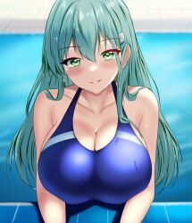Rule 34 | 1girl, aqua eyes, aqua hair, blue one-piece swimsuit, blush, breast rest, breasts, cleavage, collarbone, competition school swimsuit, competition swimsuit, hair ornament, hairclip, highres, kantai collection, large breasts, long hair, looking at viewer, montemasa, one-piece swimsuit, outdoors, partially submerged, pool, poolside, school swimsuit, smile, solo, sparkle, suzuya (kancolle), swimsuit, water, wet, wet clothes, wet swimsuit
