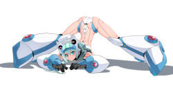 Rule 34 | 1girl, android, ass, blue eyes, blue hair, breasts, full body, goggles, goggles on head, highres, ico (megaman x dive), jack-o&#039; challenge, joints, looking at viewer, medium breasts, mega man (series), mega man x (series), mega man x dive, mixed-language commentary, popo (popo0cat), robot ears, robot joints, simple background, solo, spread legs, swimsuit, top-down bottom-up, white background, wide spread legs
