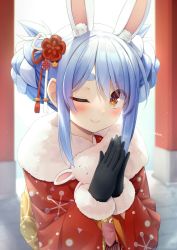 Rule 34 | 1girl, ;&gt;, animal ear fluff, animal ears, artist name, black gloves, blue hair, blurry, blurry background, blush, bow, braid, braided bun, brick floor, commentary request, don-chan (usada pekora), dot nose, double bun, extra ears, fur trim, gloves, hair bun, hair ornament, highres, hololive, japanese clothes, kimono, long hair, long sleeves, looking at viewer, multicolored hair, new year, one eye closed, orange eyes, own hands together, pink bow, rabbit ears, rabbit girl, red kimono, sidelocks, silver hair, solo, thick eyebrows, tokoshibyra, two-tone hair, upper body, usada pekora, usada pekora (new year), virtual youtuber, wide sleeves