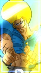 Rule 34 | 1boy, afro, blonde hair, blue coat, bobobo-bo bo-bobo, bobobo-bo bo-bobo (character), coat, highres, looking at viewer, male focus, muscular, muscular male, r-remm, self-upload, serious, solo, sunglasses