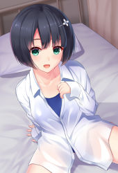 Rule 34 | 1girl, arm behind back, arm up, bed, bed sheet, black hair, blue one-piece swimsuit, blush, collarbone, collared shirt, commentary request, cowboy shot, eyebrows, flower, green eyes, hair flower, hair ornament, hairpin, huyumitsu, indoors, long sleeves, looking at viewer, nose, on bed, one-piece swimsuit, open mouth, original, pillow, school swimsuit, see-through, shirt, short hair, sitting, solo, swimsuit, swimsuit under clothes, unbuttoned, unbuttoned shirt, white shirt