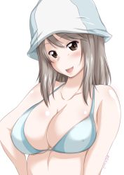 Rule 34 | 1girl, bikini, blue bikini, blue headwear, blush, breasts, brown eyes, brown hair, cleavage, commentary, girls und panzer, halterneck, hand on own hip, head tilt, large breasts, long hair, looking at viewer, mika (girls und panzer), open mouth, simple background, smile, solo, swimsuit, tulip hat, twitter username, upper body, white background, yts takana
