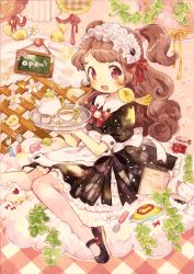 Rule 34 | 1girl, :d, ^ ^, animal, animal on shoulder, apron, bird, bird on shoulder, blush, bow, brooch, brown hair, cake, cake slice, carrying, chalkboard, closed eyes, cloud, cup, dress, food, fork, hair bow, hairband, jam, jar, jewelry, knees together feet apart, lolita hairband, long hair, looking at viewer, macaron, maid, maid apron, maid headdress, mary janes, menu, mokarooru, omelet, omurice, on cloud, open mouth, original, over-kneehighs, pale color, pink thighhighs, plant, puffy short sleeves, puffy sleeves, red eyes, ribbon, saucer, shoes, short sleeves, sitting, smile, solo, spoon, teacup, teapot, thighhighs, tray, two side up, vines
