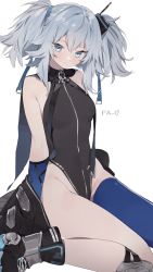 Rule 34 | 1girl, black capelet, black footwear, black jacket, black leotard, blue ribbon, blue thighhighs, boots, breasts, capelet, character name, closed mouth, commentary, covered navel, cross-laced footwear, earpiece, english commentary, full body, girls&#039; frontline, grey eyes, groin, hair between eyes, hair ribbon, highres, jacket, unworn jacket, knee pads, leotard, looking at viewer, medium breasts, medium hair, o-ring, open clothes, open jacket, pa-15 (girls&#039; frontline), ribbon, rippootai, silver hair, simple background, single thighhigh, sitting, skin tight, sleeveless, smile, solo, strap, thighhighs, thighs, wariza, white background