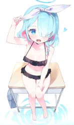 Rule 34 | 1girl, aqua hair, arona (blue archive), barefoot, bikini, black bikini, blue archive, blue eyes, blush, braid, breasts, cleavage, desk, frilled bikini, frills, from above, hair over one eye, hand on own thigh, highres, korean commentary, looking at viewer, medium breasts, meunhongcha, official alternate costume, open mouth, pink hair, ripples, school desk, short hair, side braid, simple background, sitting, solo, swimsuit, thighs, water, white background