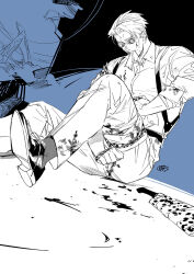 1boy animal_print blood collared_shirt foot_out_of_frame full_body goggles guttia highres holster injury jujutsu_kaisen knife monochrome mouth_hold nanami_kento necktie shirt shoes sitting solo weapon