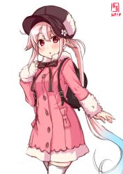 Rule 34 | 1girl, alternate costume, artist logo, backpack, bag, beret, blue hair, brown hat, coat, commentary request, cowboy shot, dated, flower, fur-trimmed coat, fur trim, gradient hair, hair flower, hair ornament, harusame (kancolle), hat, highres, kanon (kurogane knights), kantai collection, long hair, looking at viewer, multicolored hair, pink coat, pink hair, red eyes, revision, side ponytail, simple background, solo, thighhighs, white background, white thighhighs