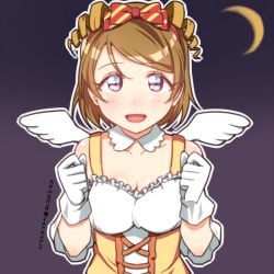 Rule 34 | 10s, 1girl, :d, angel wings, bow, brown hair, crescent moon, dancing stars on me!, dress, gloves, hair bow, koizumi hanayo, love live!, love live! school idol project, moon, open mouth, purple eyes, short hair, skull573, smile, solo, striped, striped bow, sukaru573, upper body, wings