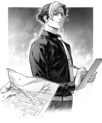 Rule 34 | belt, black shirt, border, clipboard, collared shirt, cowboy shot, disdain, emet-selch, feet out of frame, fiery background, final fantasy, final fantasy xiv, fire, forehead jewel, gradient background, greyscale, highres, holding, holding clipboard, holding paper, long sleeves, looking at viewer, male focus, monochrome, multicolored hair, necktie, panties, paper, parted bangs, shirt, short hair, teacher and student, academic test, two-tone hair, underwear, white belt, white necktie, writing, yufy