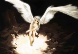 Rule 34 | angel, angel wings, barefoot, brown theme, glowing, jpeg artifacts, long hair, nude, original, solo, toshi hiroshi, wings
