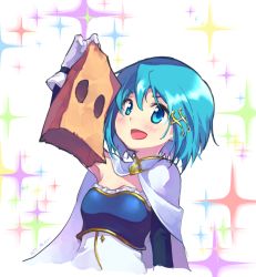 Rule 34 | 1girl, :d, armor, armpits, artist name, bag, blue eyes, blue hair, blush, breasts, cape, cleavage, collared cape, commentary request, detached sleeves, fortissimo, gloves, gold trim, hair between eyes, hair ornament, holding, holding bag, magical girl, mahou shoujo madoka magica, mahou shoujo madoka magica (anime), mahou shoujo madoka magica movie 1 &amp; 2, medium breasts, medium hair, miki sayaka, miki sayaka (magical girl), musical note, musical note hair ornament, natsumikan (357875), official alternate costume, open mouth, paper bag, smile, solo, sparkle, sparkle background, tareme, twitter username, upper body, white background, white cape, white gloves