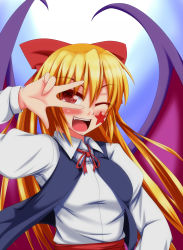 Rule 34 | 1girl, bat wings, blonde hair, blush, bow, elis (touhou), facial tattoo, fang, hair bow, hand over eye, highres, one eye closed, open mouth, parmiria, red eyes, red star, shirt, skirt, star (symbol), tattoo, touhou, touhou (pc-98), vest, wings
