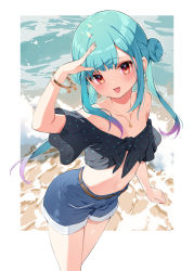 Rule 34 | 1girl, :d, beach, blue shorts, bracelet, flat chest, green hair, hair bun, hana mori, hand up, highres, hololive, jewelry, looking at viewer, midriff, navel, necklace, ocean, open mouth, polka dot, red eyes, short hair, shorts, sky, smile, solo, standing, thighs, twintails, uneven twintails, uruha rushia, virtual youtuber, water