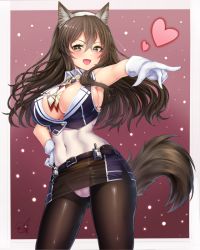 Rule 34 | 10s, 1girl, adapted costume, animal ears, armpits, artist name, ashigara (kancolle), bare arms, belt, belt buckle, between breasts, blush, border, breasts, brown eyes, brown hair, buckle, cameltoe, collar, covered navel, doyouwantto, fang, fangs, gloves, gluteal fold, hair between eyes, hand on own hip, headband, kantai collection, large breasts, leotard, long hair, outdoors, panties, pantyhose, pink panties, pointing, remodel (kantai collection), revealing clothes, sideboob, star (symbol), starry background, tail, turret, underwear, white border, white gloves, wolf ears, wolf tail