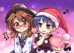 Rule 34 | 2girls, ^^^, blue eyes, blue hair, blush, bow, brown eyes, brown hair, doremy sweet, dream soul, dress, glasses, hat, hat bow, heart, long sleeves, low twintails, multiple girls, musical note, nightcap, open mouth, plaid, pom pom (clothes), pote (ptkan), red-framed eyewear, ribbon, school uniform, shirt, short hair, skirt, smile, tail, tapir tail, touhou, twintails, usami sumireko