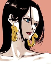Rule 34 | 1girl, bare shoulders, black hair, blue eyes, boa hancock, close-up, commentary request, detective 0414, earrings, eyelashes, highres, jewelry, long hair, looking to the side, one piece, orange background, red lips, simple background, snake earrings, solo, twitter username