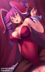 Rule 34 | 1girl, alcohol, animal ears, bow, bowtie, breasts, brown eyes, cameltoe, chalice, cup, detached collar, elf, fake animal ears, fishnet pantyhose, fishnets, large breasts, leotard, luupechi, original, pantyhose, playboy bunny, pointy ears, purple hair, rabbit ears, spread legs, wine, wrist cuffs