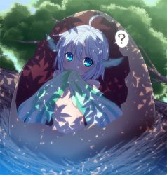 Rule 34 | 1girl, ?, ahoge, blue eyes, child, covering privates, egg, female focus, flat chest, harpy, hatching, highres, kiyomin, monster girl, navel, nest, original, solo, tree, white hair, winged arms, wings
