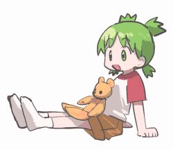 Rule 34 | 1girl, :d, arm support, brown shorts, commentary request, from side, full body, green eyes, green hair, koiwai yotsuba, naka (buttergirl 02), open mouth, quad tails, raglan sleeves, shirt, short hair, short sleeves, shorts, simple background, sitting, smile, socks, solo, stuffed animal, stuffed toy, t-shirt, teddy bear, white background, white socks, yotsubato!