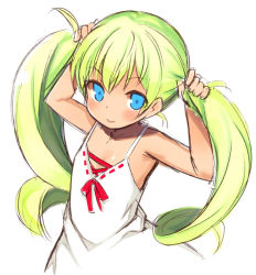 Rule 34 | 1girl, arms up, bare arms, bare shoulders, blue eyes, blush, bunching hair, closed mouth, dress, green hair, kurasuke, long hair, looking at viewer, original, ribbon-trimmed dress, simple background, sketch, sleeveless, sleeveless dress, smile, solo, sundress, tareme, twintails, very long hair, white background, white dress