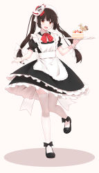 Rule 34 | 1girl, :d, apron, black dress, black footwear, black hair, bow, brown eyes, cake, commentary request, dress, food, fox mask, frilled apron, frilled dress, frills, fruit, full body, han (hehuihuihui), highres, holding, holding tray, long hair, maid, maid apron, mask, mask on head, open mouth, original, puffy short sleeves, puffy sleeves, red bow, shoes, short sleeves, smile, solo, standing, standing on one leg, strawberry, thighhighs, tray, twintails, very long hair, white apron, white thighhighs