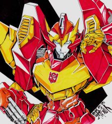 Rule 34 | 1boy, animification, autobot, hot rod (transformers), male focus, mecha, no humans, robot, rodimus, science fiction, smirk, solo, the transformers (idw), traditional media, transformers, tsushima naoto
