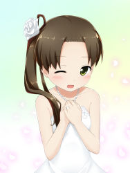 Rule 34 | 10s, 1girl, ;d, asymmetrical hair, ayanami (kancolle), bare shoulders, blush, brown hair, dress, flower, gradient background, hair flower, hair ornament, hand on own chest, highres, jewelry, kantai collection, looking at viewer, mikakeha, necklace, one eye closed, open mouth, pearl necklace, ring, rose, side ponytail, smile, solo, strapless, strapless dress, wedding band, wedding dress, white flower, white rose, yellow eyes