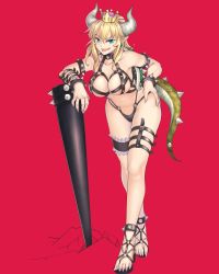 Rule 34 | 1girl, amiba (nerdamiba), armlet, black one-piece swimsuit, blonde hair, blue eyes, bowsette, bracelet, breasts, bridal garter, claws, cleavage, club (weapon), collar, commentary request, crown, earrings, fang, fingernails, full body, hair between eyes, harness, highres, horns, jewelry, large breasts, leaning forward, leaning on weapon, long hair, long toenails, looking at viewer, mario (series), mini crown, new super mario bros. u deluxe, nintendo, one-piece swimsuit, open mouth, pointy ears, red background, sandals, sharp fingernails, sharp toenails, smile, smirk, solo, spiked armlet, spiked bracelet, spiked collar, spiked shell, spiked tail, spikes, standing, super crown, swimsuit, tail, thigh strap, toenails, turtle shell, weapon