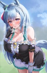 Rule 34 | 1girl, animal ears, asymmetrical gloves, bare shoulders, black gloves, blue hair, blue sky, blurry, blurry background, braid, breasts, cleavage, collarbone, commentary request, cowboy shot, crown braid, ear ornament, gloves, hair ornament, heavy breathing, highres, horse ears, horse girl, horse tail, large breasts, leaning forward, looking at viewer, mejiro ardan (umamusume), mismatched gloves, open mouth, purple eyes, sg (esujii), sky, solo, steaming body, sweat, tail, umamusume, white gloves