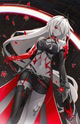 Rule 34 | 1girl, absurdres, acheron (honkai: star rail), armor, asymmetrical legwear, bare shoulders, belt, black belt, black choker, black hole, black shorts, black sleeves, blood, bloody tears, body markings, boots, breasts, bright pupils, choker, cleavage, colored extremities, commentary, criss-cross halter, crop top, detached sleeves, english commentary, essukaa (e-su), flower, hair intakes, hair ornament, hair over one eye, halterneck, highres, holding, holding sword, holding weapon, honkai: star rail, honkai (series), large breasts, leg tattoo, long hair, looking at viewer, midriff, navel, official alternate color, partially colored, red eyes, red flower, red petals, red theme, shorts, shoulder armor, single detached sleeve, single thigh boot, single wide sleeve, solo, sword, sword behind back, tattoo, thigh boots, thighs, very long hair, weapon, white hair, white pupils
