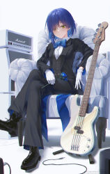 Rule 34 | 1girl, absurdres, alternate costume, amplifier, armchair, bass guitar, black footwear, black socks, black suit, blue bow, blue flower, blue rose, blush, bocchi the rock!, bow, bowtie, breasts, cable, chair, closed mouth, earrings, easy chair, eyes visible through hair, fender precision bass, flower, formal, full body, gloves, guitar, hair ornament, hairclip, highres, holding, holding flower, instrument, jewelry, large bow, looking at viewer, maid, marshall amplification, medium breasts, mole, mole under eye, nemesiss shido, on chair, rose, shirt, shoes, short hair, sitting, socks, solo, suit, white background, white gloves, white shirt, yamada ryo