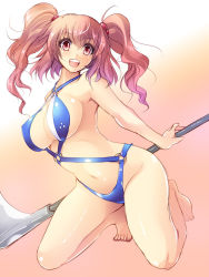 Rule 34 | 1girl, alternate costume, armpits, barefoot, breasts, criss-cross halter, female focus, full body, gradient background, hair bobbles, hair ornament, halterneck, kneeling, large breasts, long hair, looking at viewer, maki (seventh heaven maxion), midriff, navel, onozuka komachi, open mouth, red eyes, red hair, scythe, simple background, smile, solo, swimsuit, team shanghai alice, touhou, two side up
