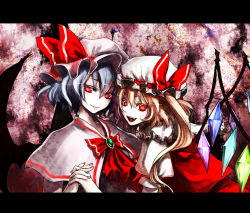 Rule 34 | 2girls, bad id, bad pixiv id, bat wings, blonde hair, blue hair, capelet, colored eyelashes, eyelashes, flandre scarlet, hat, holding hands, interlocked fingers, letterboxed, looking at viewer, multiple girls, nail polish, one side up, ponytail, red eyes, red nails, remilia scarlet, ria (rilpoppo), short hair, siblings, sisters, touhou, wings