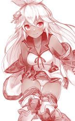 Rule 34 | 1girl, absurdres, ahoge, blush, boots, breasts, closed mouth, collarbone, dark-skinned female, dark skin, detached sleeves, flower, granblue fantasy, hair between eyes, hair flower, hair ornament, highres, long hair, looking at viewer, medium breasts, monochrome, nurami (shouji), panties, red eyes, red theme, sailor collar, sailor shirt, shirt, simple background, skirt, smile, solo, thigh boots, thighhighs, thighs, underwear, zooey (granblue fantasy)