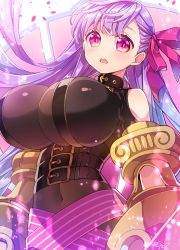 Rule 34 | 1girl, belt collar, bodysuit, breasts, claws, collar, fate/grand order, fate (series), hair ribbon, highres, huge breasts, impossible bodysuit, impossible clothes, long hair, moru, o-ring, o-ring top, passionlip (fate), pink eyes, pink ribbon, purple hair, purple ribbon, ribbon, solo, upper body, very long hair