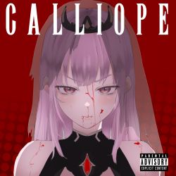 Rule 34 | 1girl, album cover, blood, blood on face, character name, commentary, cover, english commentary, foxxarius, highres, hololive, hololive english, looking at viewer, mori calliope, parental advisory, pink hair, red eyes, scowl, solo, tiara, veil, virtual youtuber