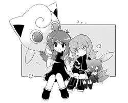 Rule 34 | :d, apple, apple slice, ayateaori, check commentary, commentary request, creature, creatures (company), dress, flying, food, fruit, full body, game freak, gen 1 pokemon, gen 2 pokemon, green (pokemon), greyscale, holding, holding food, holding fruit, jigglypuff, long hair, long sleeves, medium hair, monochrome, nintendo, open mouth, pokemon, pokemon (creature), pokemon adventures, shoes, silver (pokemon), sitting, sleeveless, sleeveless dress, smile, sneasel