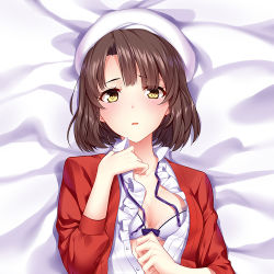 Rule 34 | 1girl, bed sheet, blue ribbon, blush, bra, breasts, brown hair, cleavage, collarbone, dress shirt, from above, hat, jacket, katou megumi, looking at viewer, lying, medium breasts, neck ribbon, on back, open clothes, open jacket, open mouth, open shirt, red jacket, ribbon, saenai heroine no sodatekata, shirt, short hair, solo, underwear, upper body, utdream, white bra, white hat, white shirt, yellow eyes