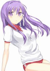 Rule 34 | 00s, 1girl, buruma, clannad, fujibayashi kyou, gym uniform, highres, long hair, nakamori (personant), purple eyes, purple hair, ribbon, thighhighs