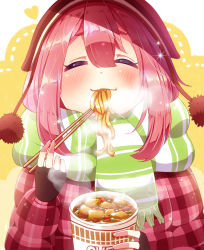 Rule 34 | beanie, blush, chopsticks, closed eyes, commentary request, eating, food, green scarf, hat, highres, kagamihara nadeshiko, nissin cup noodle, noodles, pink hair, plaid, scarf, steam, striped clothes, striped scarf, urara (sumairuclover), winter clothes, yurucamp