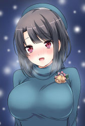 Rule 34 | 10s, 1girl, :d, bell, black hair, blush, breasts, christmas, female focus, hat, kantai collection, large breasts, looking at viewer, nanairo fuuka, open mouth, red eyes, short hair, smile, solo, sweater, takao (kancolle), turtleneck