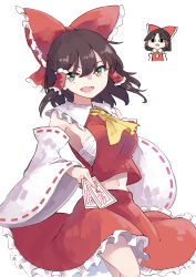 Rule 34 | 2girls, ascot, bare shoulders, bow, breasts, brown eyes, brown hair, chest sarashi, deetamu, detached sleeves, dual persona, feet out of frame, frilled skirt, frills, hair between eyes, hair bow, hair tubes, hakurei reimu, highres, holding, japanese clothes, long hair, looking at viewer, medium breasts, multiple girls, navel, nontraditional miko, ofuda, open mouth, red bow, red skirt, ribbon-trimmed sleeves, ribbon trim, sarashi, sideboob, sidelocks, simple background, skirt, smile, teeth, touhou, upper teeth only, white background, white sleeves, wide sleeves, yellow ascot