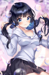 Rule 34 | 1girl, artist name, bare shoulders, black hair, black skirt, blue bow, blue eyes, blue hair, blue nails, bow, braid, breasts, bubble, closed mouth, collarbone, commentary, crescent, gradient hair, grey hoodie, hair bow, hands up, highres, holding, holding own hair, hood, hood down, hoodie, medium breasts, multicolored hair, nail polish, original, pleated skirt, skirt, smile, solo, squchan, symbol-only commentary