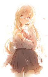 Rule 34 | 1girl, black skirt, blonde hair, blue eyes, closed mouth, collared shirt, commentary, eyelashes, full body, furrowed brow, glasses, hand up, highres, jerry3912, long hair, long sleeves, looking at viewer, neck ribbon, original, pleated skirt, red ribbon, ribbon, school uniform, shirt, shirt tucked in, sidelocks, simple background, skirt, solo, white-framed eyewear, white background, white shirt