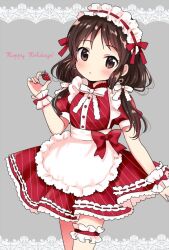 Rule 34 | 1girl, apron, blush, bow, bowtie, breasts, brown eyes, brown hair, cowboy shot, dot nose, dress, earrings, food, frilled apron, frilled headwear, frills, fruit, grey background, hand up, happy birthday, heart, heart earrings, holding, holding food, holding fruit, idolmaster, idolmaster cinderella girls, idolmaster cinderella girls starlight stage, jewelry, long hair, looking at viewer, parted lips, puffy short sleeves, puffy sleeves, red dress, red ribbon, ribbon, ribbon-trimmed dress, ribbon-trimmed headwear, ribbon trim, scrunchie, shima(kanidess), short sleeves, small breasts, solo, standing, strawberry, striped clothes, striped dress, tachibana arisu, thigh strap, waist apron, white apron, white bow, white bowtie, white headdress, white ribbon, white scrunchie, wrist scrunchie