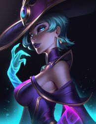 Rule 34 | 1girl, bare shoulders, bewitching elise, black background, breasts, colored sclera, colored skin, detached collar, dress, earrings, elise (league of legends), eye on hat, from side, gem, glowing, green background, green eyes, green hair, green skin, hand up, hat, highres, jewelry, large breasts, league of legends, looking at viewer, looking to the side, magic, purple dress, purple hat, purple lips, purple sclera, shiny skin, short hair, smile, solo, vatheja, witch hat
