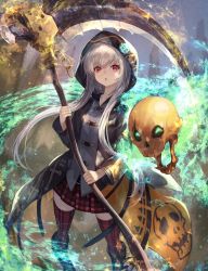 Rule 34 | 1girl, blue fire, character request, fire, highres, holding, holding weapon, hood, hooded coat, long hair, long sleeves, looking at viewer, othellonia, parted lips, pleated skirt, red eyes, red thighhighs, scythe, shirataki jiro, silver hair, skirt, skull, solo, thighhighs, weapon